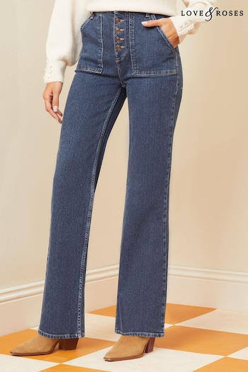 Love & Roses Dark Wash Blue Button Fly Wide Leg Jeans (Q42983) | £52