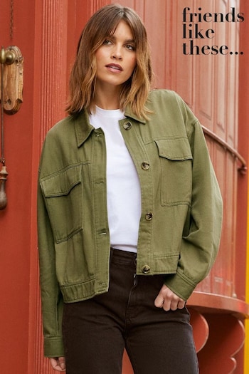 Organic Cotton Relaxed Fit Hoodie Khaki Green Cropped Utility Jacket (Q42991) | £52