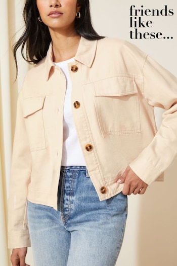 Organic Cotton Relaxed Fit Hoodie Ecru Cream Cropped Utility Jacket (Q42992) | £52