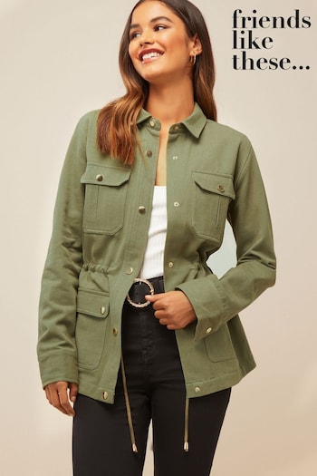 slogan-print pullover hooded jacket Khaki Green Petite Utility Pocket Button Through Jacket (Q42993) | £56