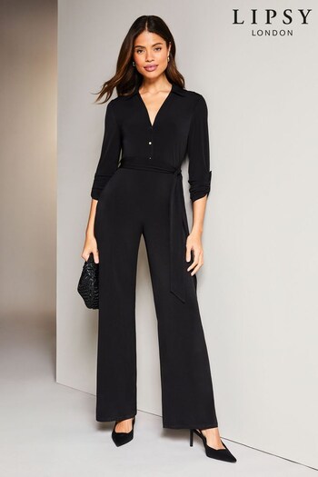 Lipsy Black Jersey Button Through Belted Wide Leg JumpsuiT (Q43037) | £50
