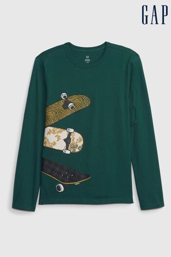 Gap Green Organic Cotton Graphic Long Sleeve Cewneck T-Shirt (Q43070) | £10