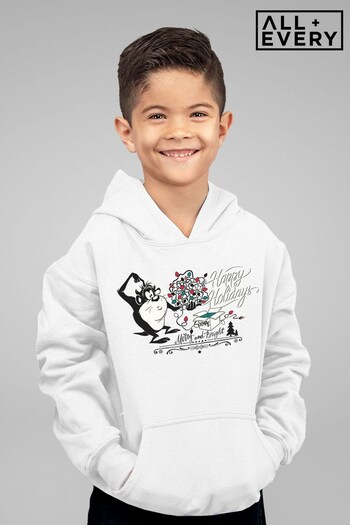 All + Every White Looney Tunes Christmas Taz Happy Holiday Kids Hooded Sweatshirt (Q43114) | £29