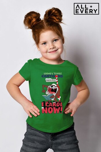 All + Every Kelly Green Looney Tunes Christmas Taz I Carol Now Kids T-Shirt (Q43115) | £19