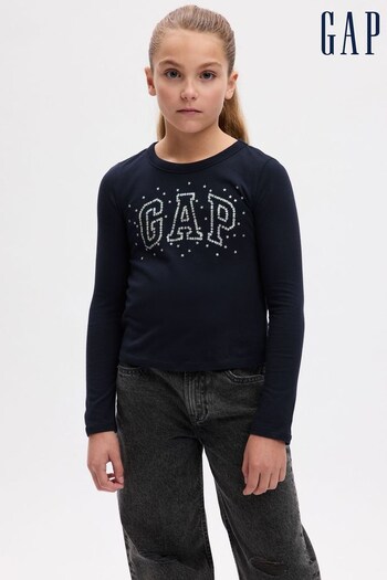 Gap Blue Organic Cotton Rhinestone Logo Crew Neck Long Sleeve T-Shirt (Q43269) | £10