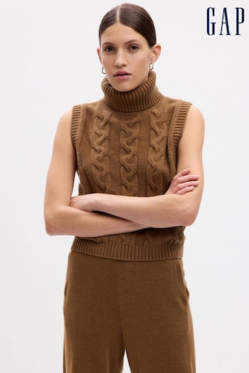 Gap Brown Cable Knit Turtle Neck Sleeveless Jumper (Q43313) | £45