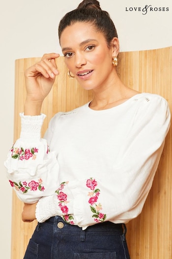 Love & Roses White Embroidered Puff Sleeve Jersey T-Shirt (Q43332) | £32