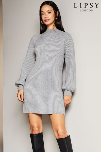 Lipsy Charcoal Grey Long Sleeve High Neck Knitted Mini Dress (Q43393) | £54
