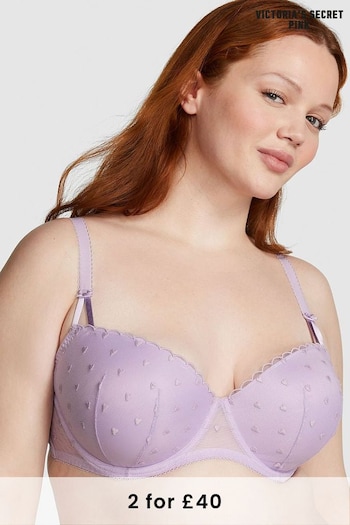 Victoria's Secret PINK Pastel Lilac Purple Heart Embroidery Balcony Lace Bra (Q43523) | £35