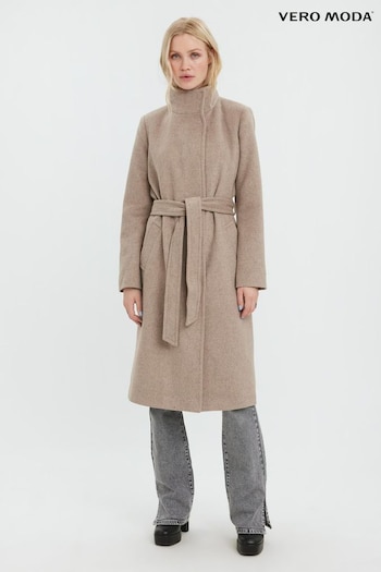 VERO MODA Brown Funnel Neck Belted Coat With Wool Mix (Q43846) | £82