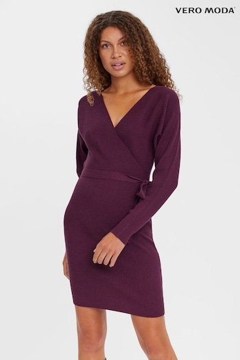 VERO MODA Burgundy V-Neck Wrap Belted Knitted Dress (Q43852) | £37