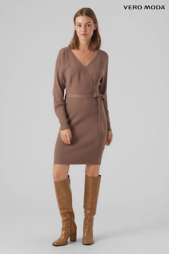 VERO MODA Brown V-Neck Wrap Belted Knitted Dress (Q43857) | £37