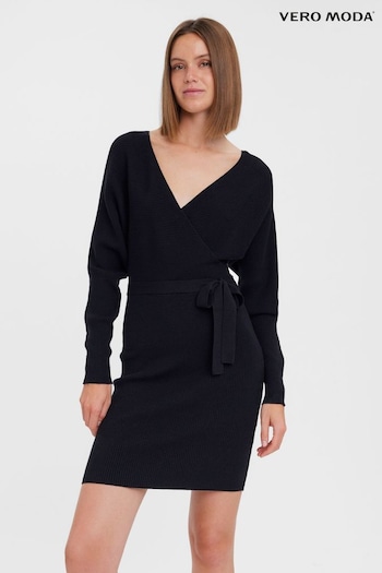 VERO MODA Black V-Neck Wrap Belted Knitted Patterned Dress (Q43862) | £37