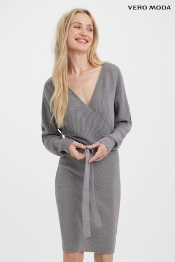 VERO MODA Grey V-Neck Wrap Belted Knitted Dress (Q43875) | £37