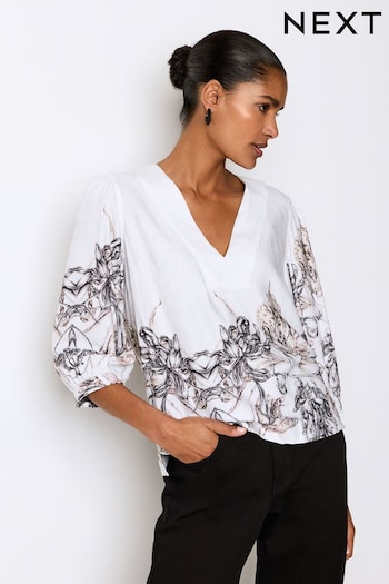 White/Black Floral Placement Linen Blend V-Neck Long Sleeve Blouse (Q44444) | £29