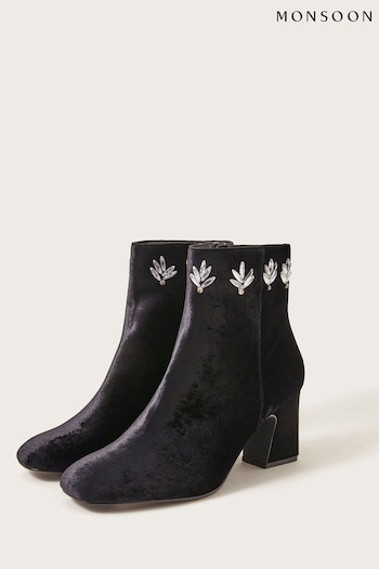Monsoon Embellished Velvet Ankle Black Boots (Q44631) | £85