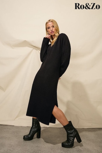 Ro&Zo Knit V-Neck Midi Black Dress (Q44650) | £99