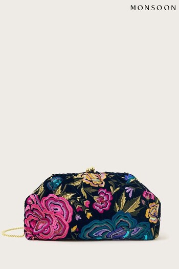 Monsoon Floral Embroidered Velvet Black Pouch (Q44772) | £45
