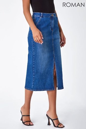 Roman Blue Cotton Blend Denim Stretch Midi Skirt (Q44777) | £32