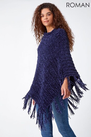 Roman Blue Knitted Chenille Fringed Poncho (Q44784) | £30