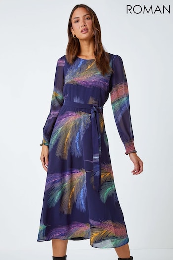 Roman Purple Feather Print Fit & Flare Midi Dress (Q44814) | £45