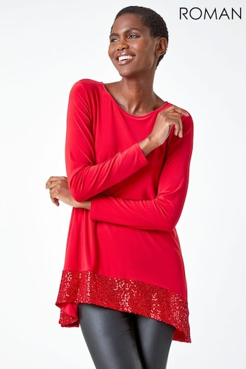 Roman Red Sequin Hem Tunic Stretch Top (Q44859) | £36