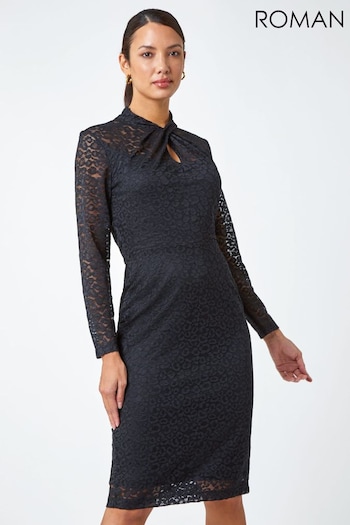 Roman Black Twist Neck Lace Stretch Midi Dress (Q44862) | £50