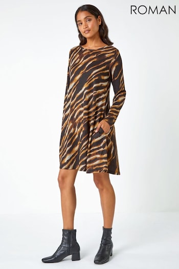 Roman Brown Animal Stretch Jersey Swing Dress (Q44895) | £36