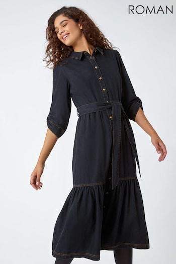 Roman Black Cotton Blend Denim Tiered Midi Dress (Q44899) | £45