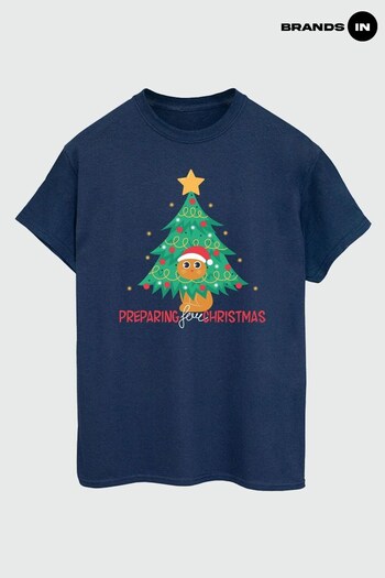 Brands In Navy Cat Preparing For Christmas Women Navy Boyfriend Fit T-Shirt (Q45083) | £19