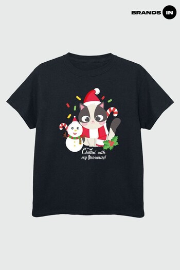 Brands In Black Cat Chillin With Snowmies Girls Black T-Shirt (Q45114) | £14