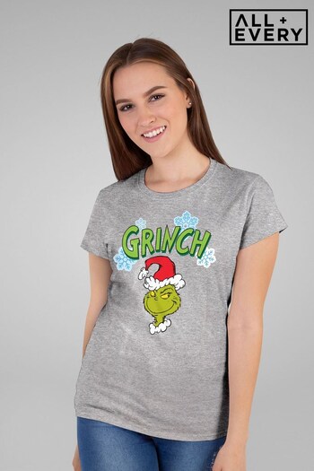 All + Every Grey Marl The Grinch Smiling Snowflakes Women's T-Shirt (Q45150) | £23