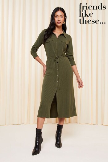 Friends Like These Green Khaki Petite Belted Textured Long Sleeve Midi Shirt Dress (Q45184) | £40