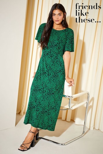 Tops & Blouses Green Animal Petite Flutter Sleeve Round Neck Midi Dress (Q45186) | £39