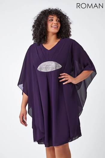 Roman Purple Curve Embellished Chiffon Overlay Dress (Q45275) | £48