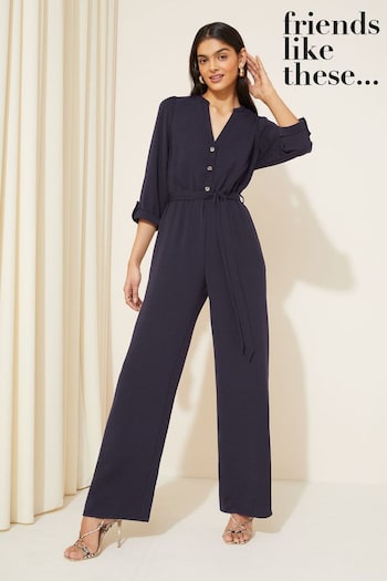 Friends Like These Navy Blue 3/4 Sleeve Belted Woven Wide Leg Jumpsuit (Q45330) | £42