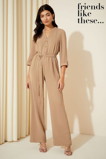 Friends Like These Stone Cream 3/4 Sleeve Belted Woven Wide Leg Jumpsuit (Q45337) | £42