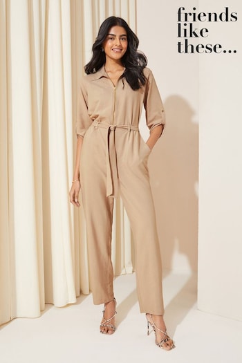 Friends Like These Camel Woven Fabric Belted Waist Jumpsuit (Q45356) | £49