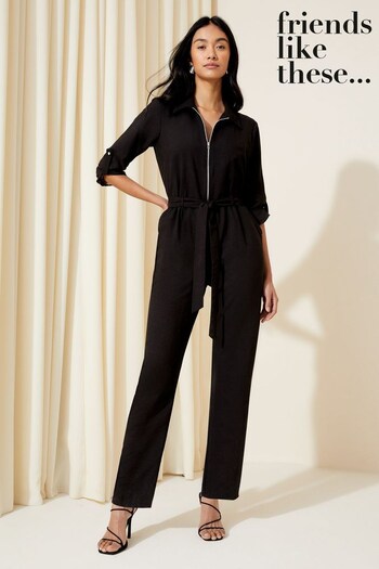 Trending: Animal Decor Black Woven Fabric Belted Waist Jumpsuit (Q45358) | £46