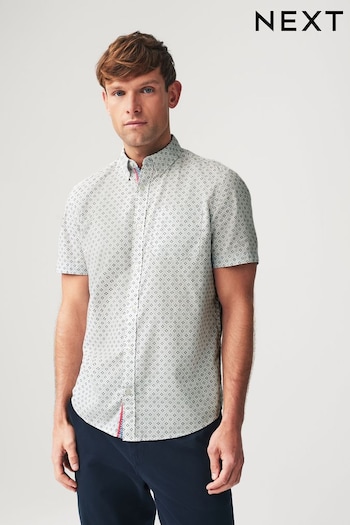 White Linen Blend Printed Short Sleeve Shirt (Q45537) | £32