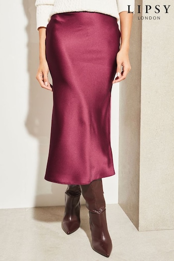 Lipsy Merlot Red Petite Satin Bias Cut Midi Skirt (Q45664) | £30