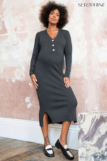 Seraphine Grey Darlina Rib Knit Moncler Dress With Pearl Button (Q45686) | £75