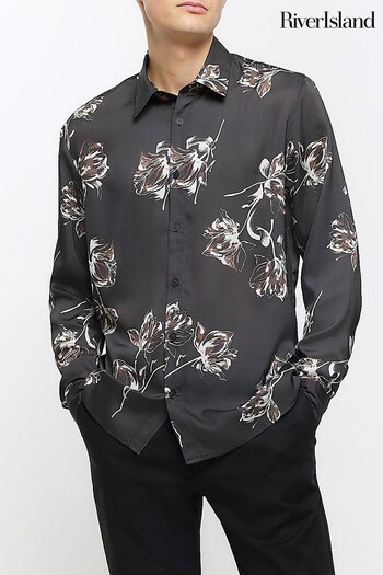 River Island Black Floral Sateen Linear Print Shirt (Q45799) | £40
