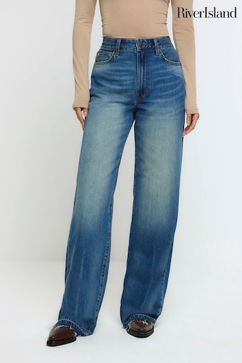 River Island Blue Denim Dark Wash Straight Long 90s Jeans (Q45830) | £38