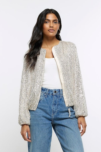 River Island Silver Sequin Bomber Jacket (Q45842) | £75