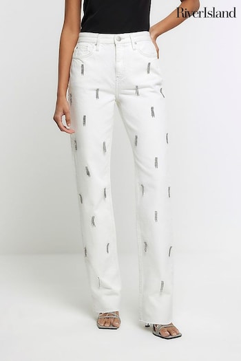 River Island White High Rise Straight Embellished Stretch ZG123 Jeans (Q45862) | £70
