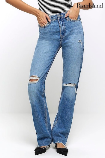 River Island Blue High Rise Straight Ripped Non - Stretch Jeans (Q45865) | £45