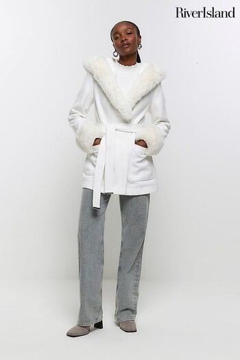 River Island White Belted Faux Fur Short Coat (Q45889) | £90