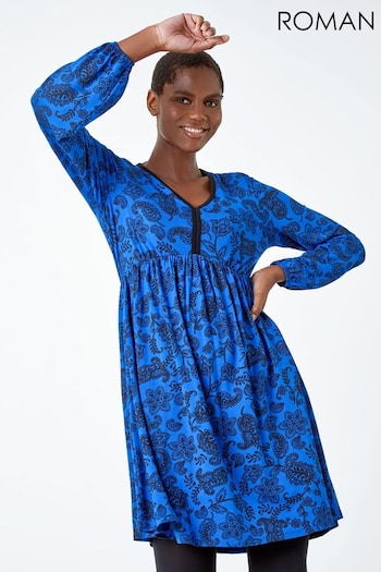 Roman Blue Floral Print Stretch Dress (Q45904) | £40