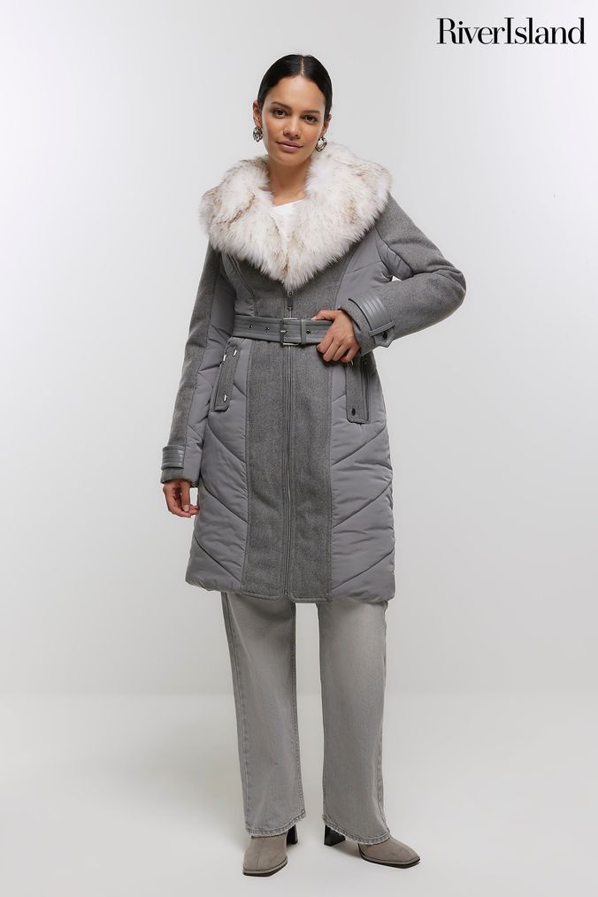 River island grey fur coat top